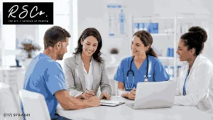 Healthcare consultant meeting with medical staff to improve patient care, staff performance, and workplace efficiency in Harrisburg